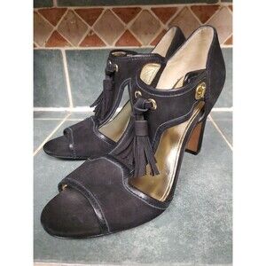 COACH Tristen Turnlock Heels Black Nubuck Leather Tassels Peep Toe Gold Hardware